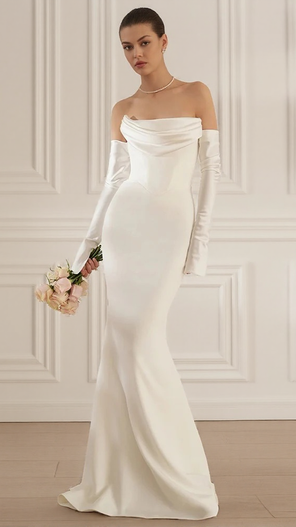 Elegant White Strapless Maxi Dress with Draped Long Sleeves | Chic Evening Gown