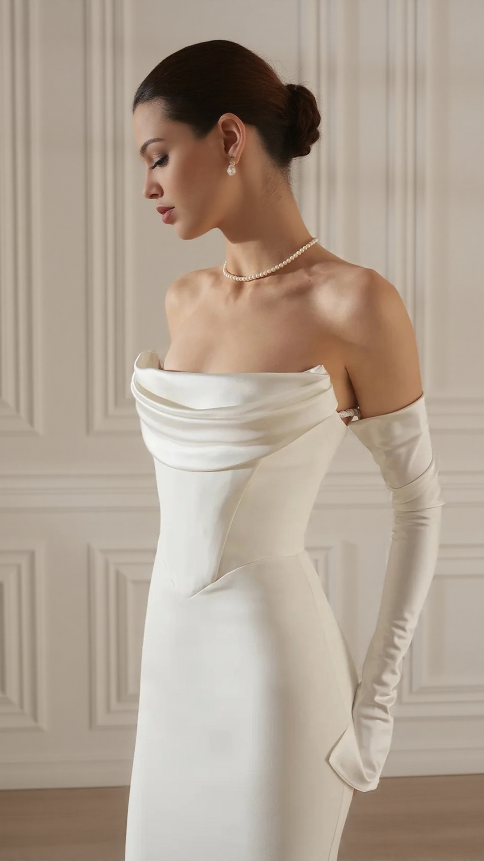 Elegant White Strapless Maxi Dress with Draped Long Sleeves | Chic Evening Gown