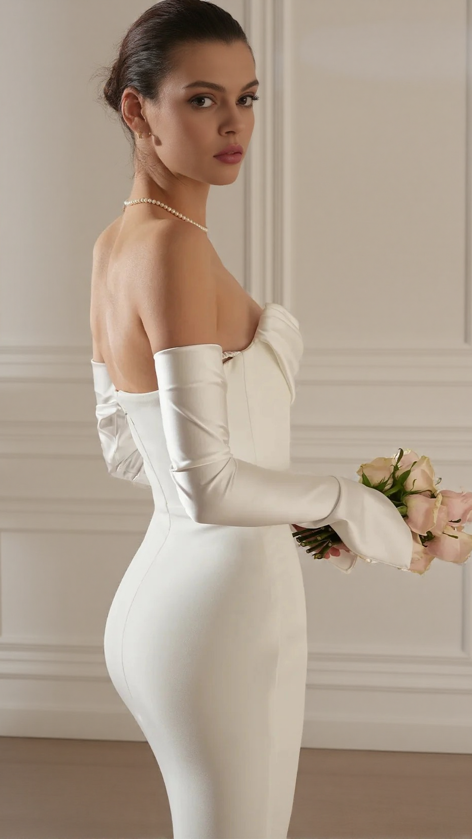 Elegant White Strapless Maxi Dress with Draped Long Sleeves | Chic Evening Gown