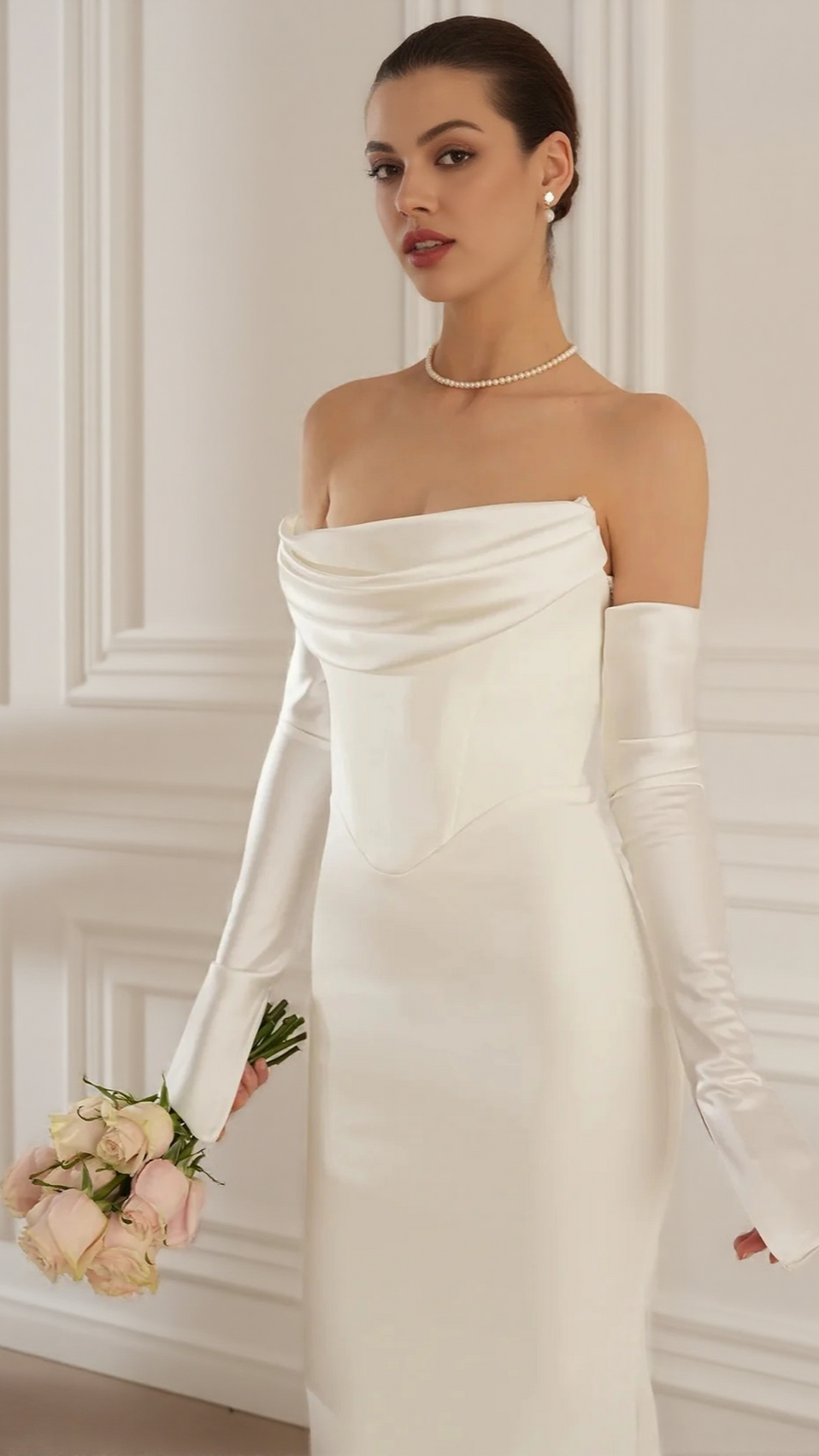 Elegant White Strapless Maxi Dress with Draped Long Sleeves | Chic Evening Gown