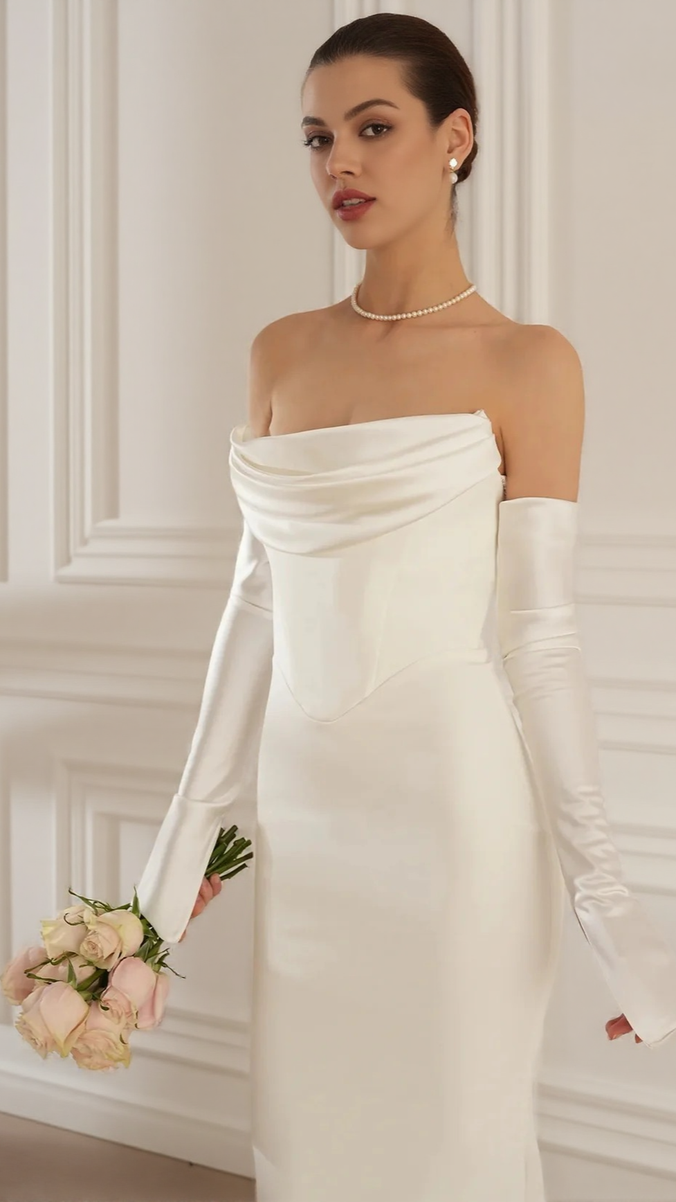 Elegant White Strapless Maxi Dress with Draped Long Sleeves | Chic Evening Gown