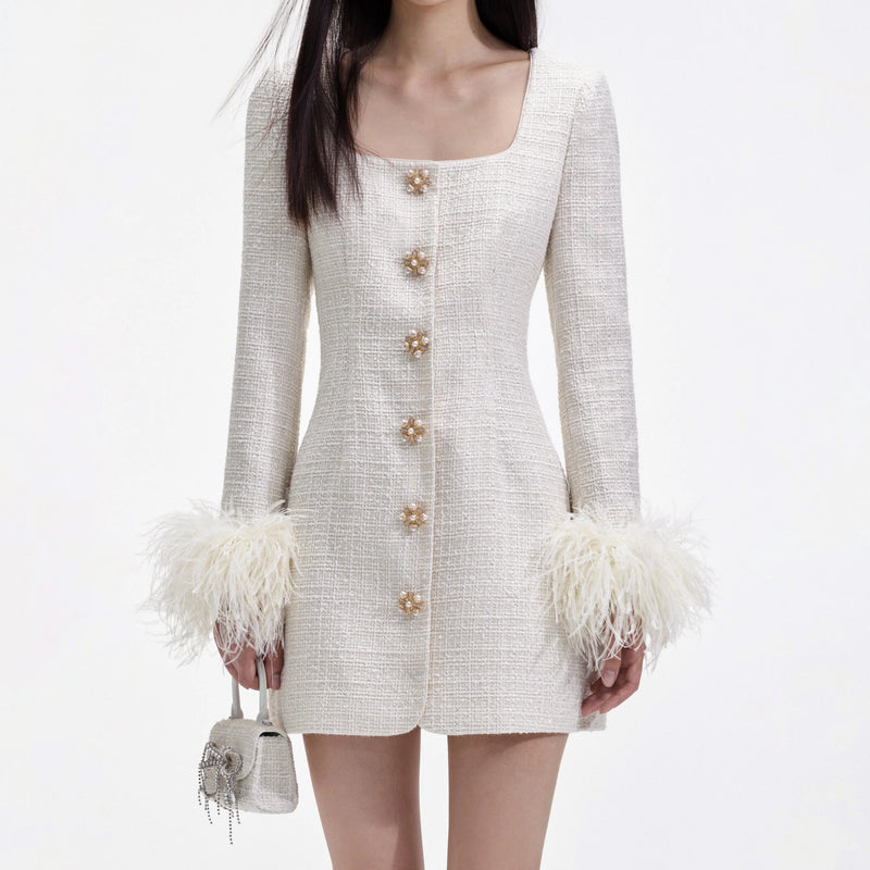 CREAM BOUCLE FEATHER MINI DRESS