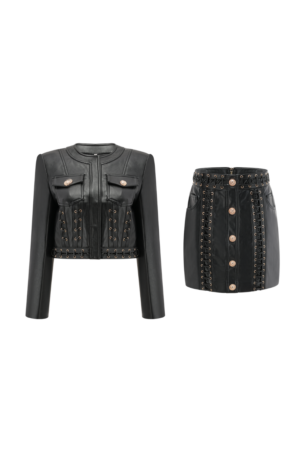 Daphné eyelet-embellished leather jacket & skirt matching set