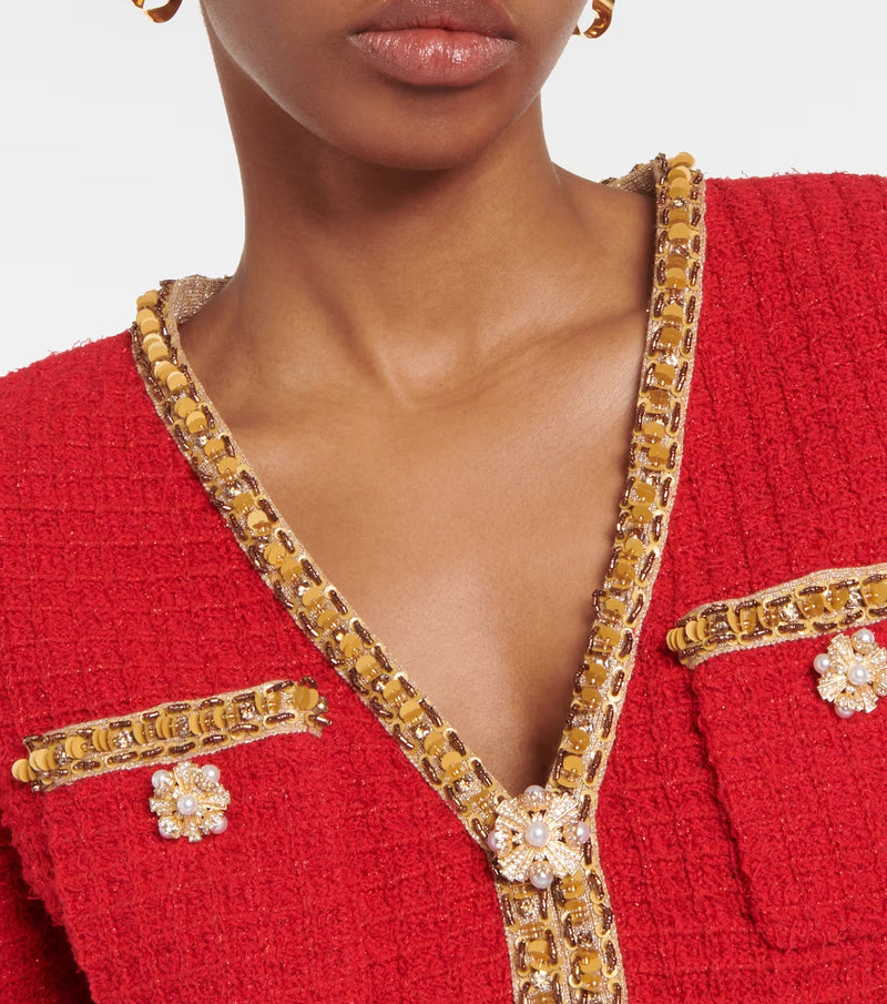 RED KNIT V NECK CARDIGAN