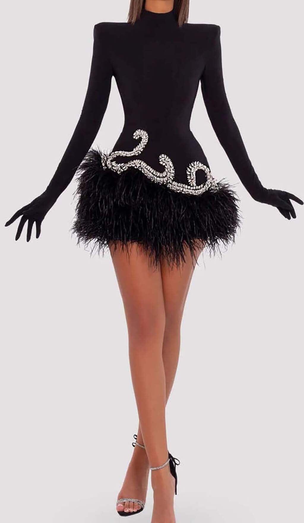 Embellished Velvet Feather Mini Dress In Black