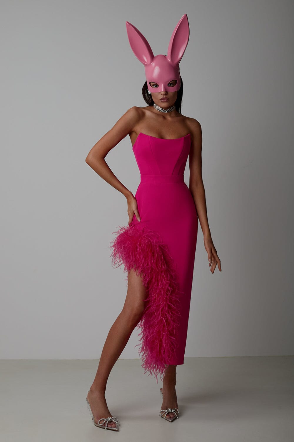FEATHER HIGH-LOW DRESS IN HOT RED