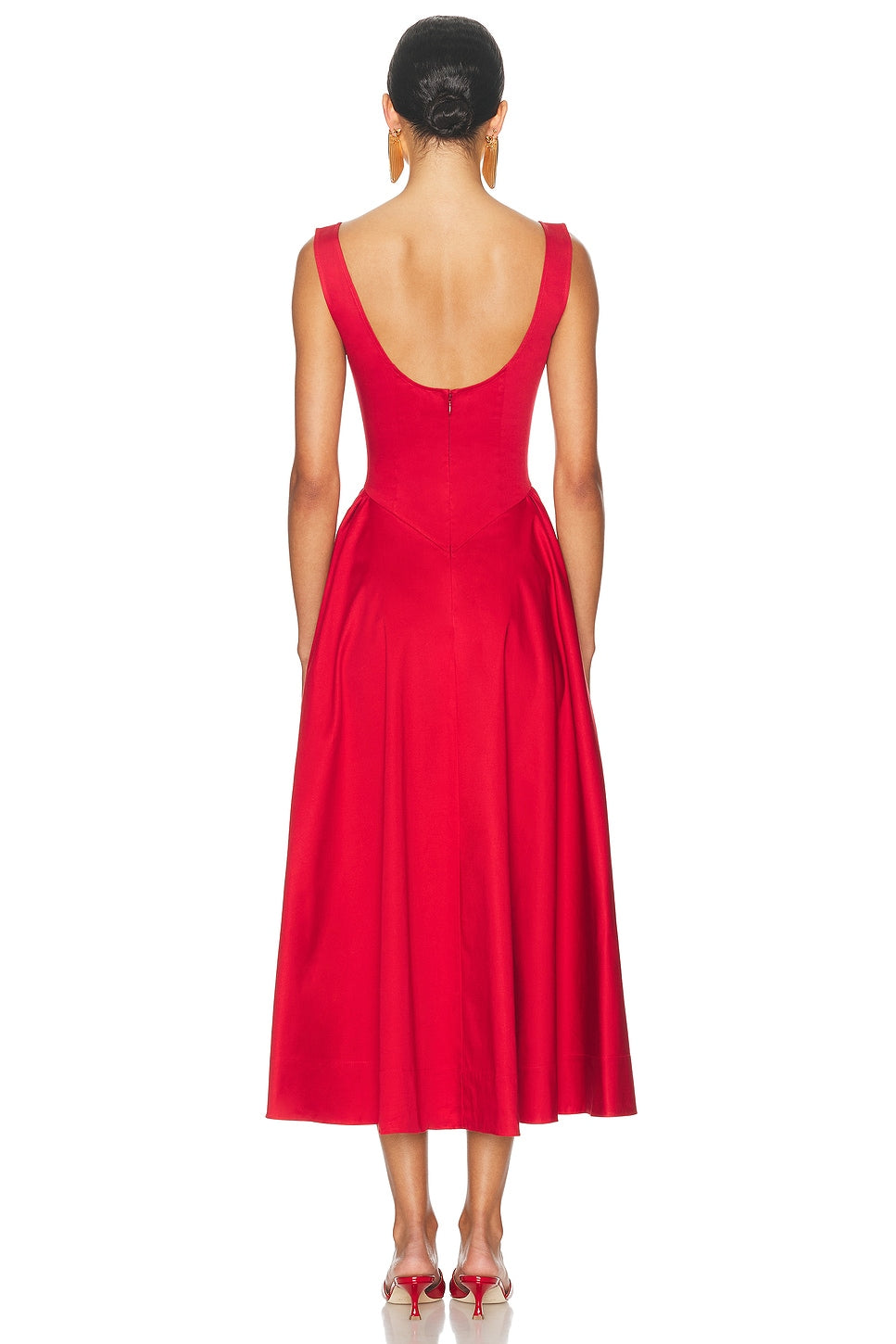Stretch Cotton Sateen Midi Dress in red
