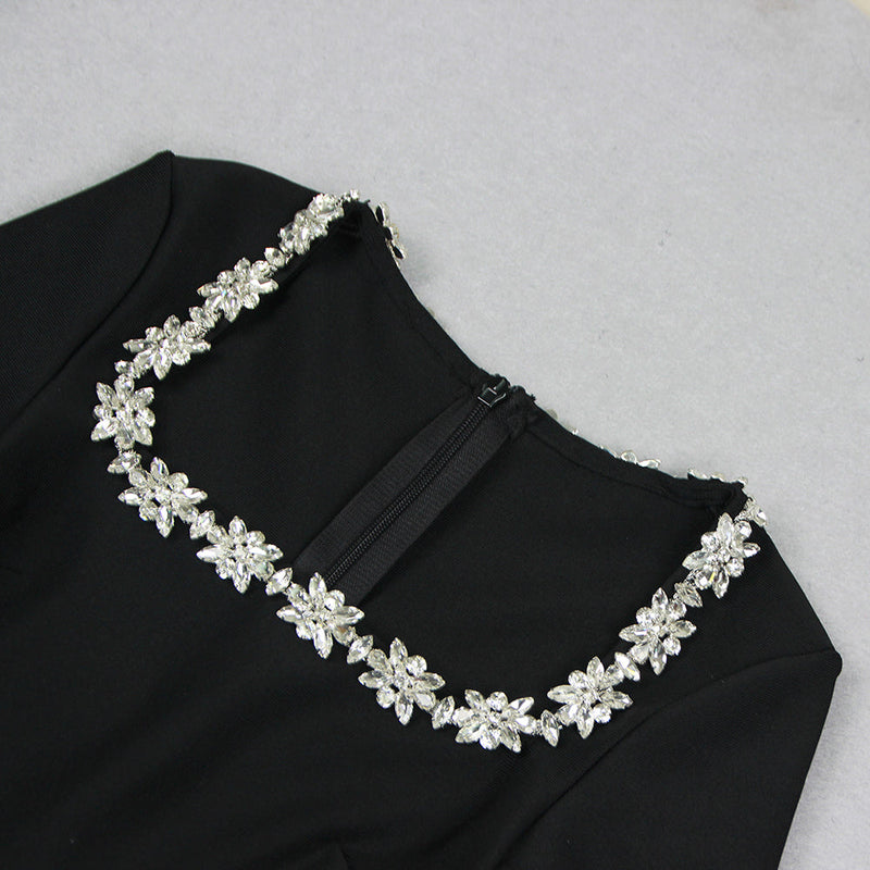 LONG SLEEVE CRYSTAL NECKLINE JUMPSUIT IN BLACK