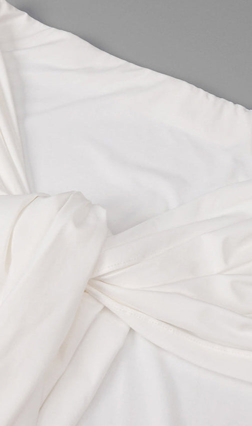 Elegant White Off-Shoulder Bustier Crop Top & Knot Front Maxi Skirt Two-Piece Set