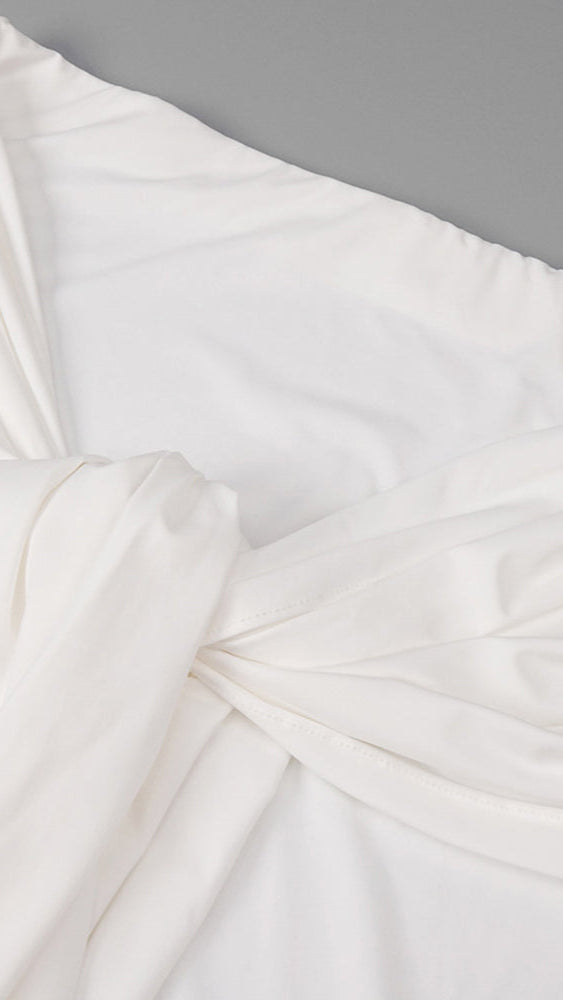 Elegant White Off-Shoulder Bustier Crop Top & Knot Front Maxi Skirt Two-Piece Set