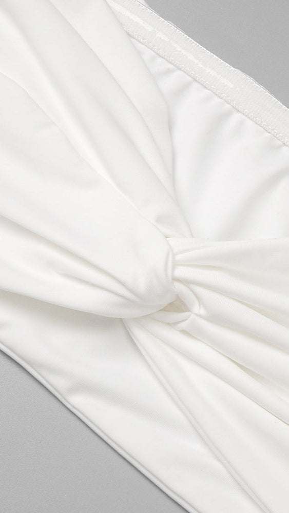 Elegant White Off-Shoulder Bustier Crop Top & Knot Front Maxi Skirt Two-Piece Set