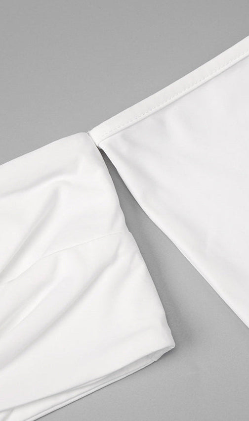 Elegant White Off-Shoulder Bustier Crop Top & Knot Front Maxi Skirt Two-Piece Set