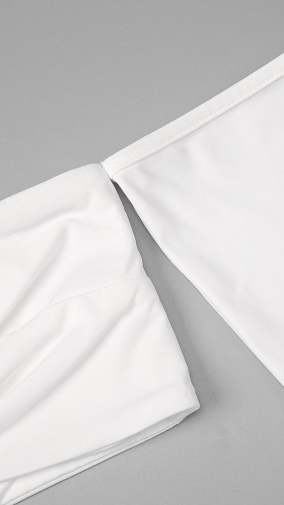 Elegant White Off-Shoulder Bustier Crop Top & Knot Front Maxi Skirt Two-Piece Set