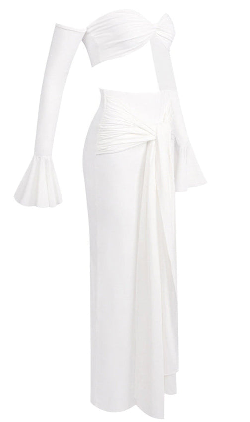 Elegant White Off-Shoulder Bustier Crop Top & Knot Front Maxi Skirt Two-Piece Set