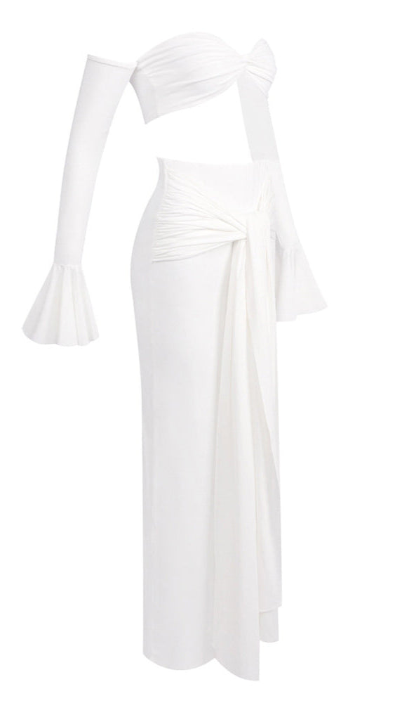 Elegant White Off-Shoulder Bustier Crop Top & Knot Front Maxi Skirt Two-Piece Set