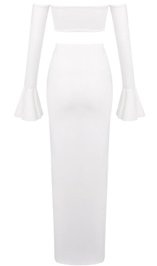Elegant White Off-Shoulder Bustier Crop Top & Knot Front Maxi Skirt Two-Piece Set