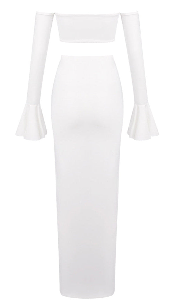 Elegant White Off-Shoulder Bustier Crop Top & Knot Front Maxi Skirt Two-Piece Set