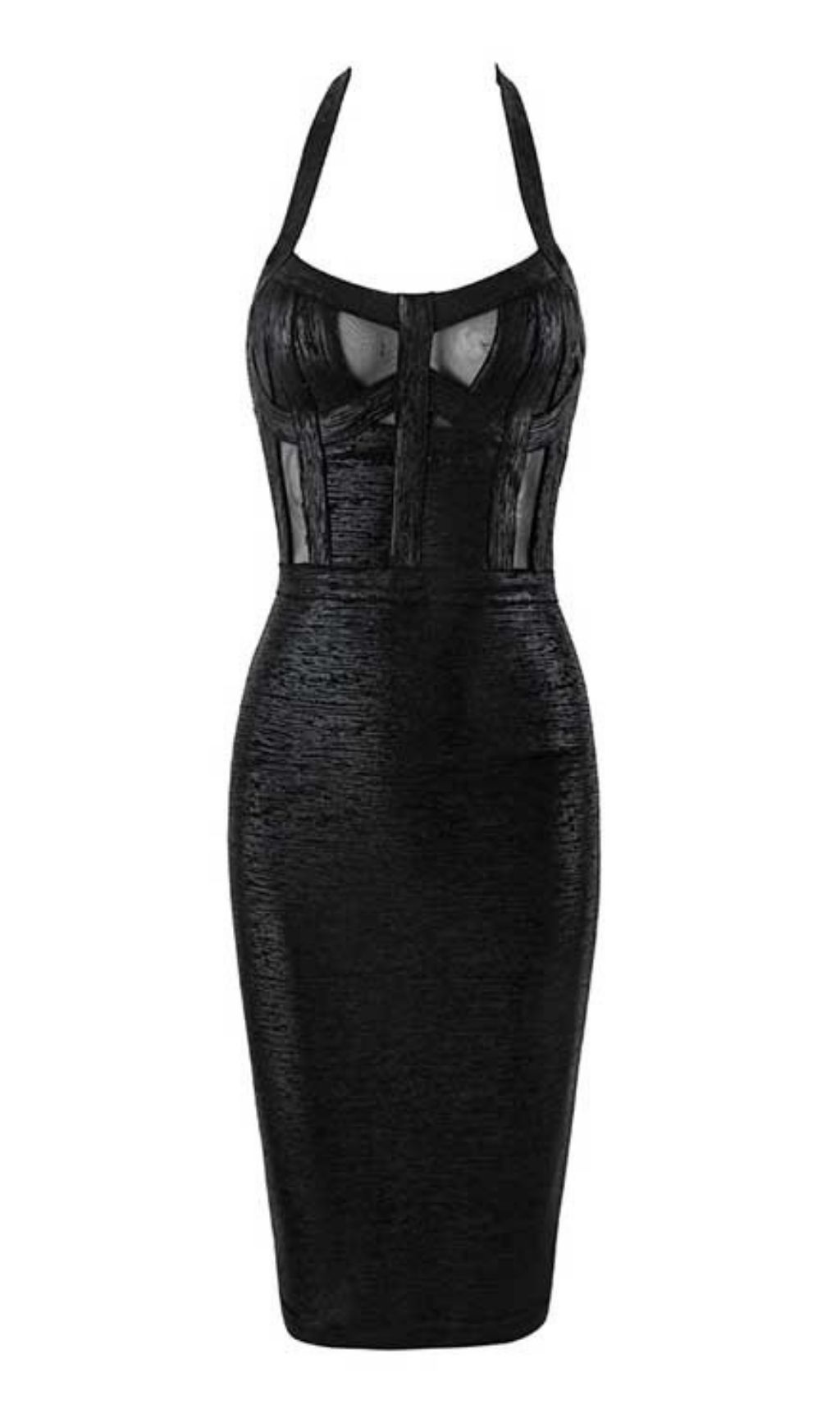 NECK METALLIC BANDAGE DRESS - BLACK