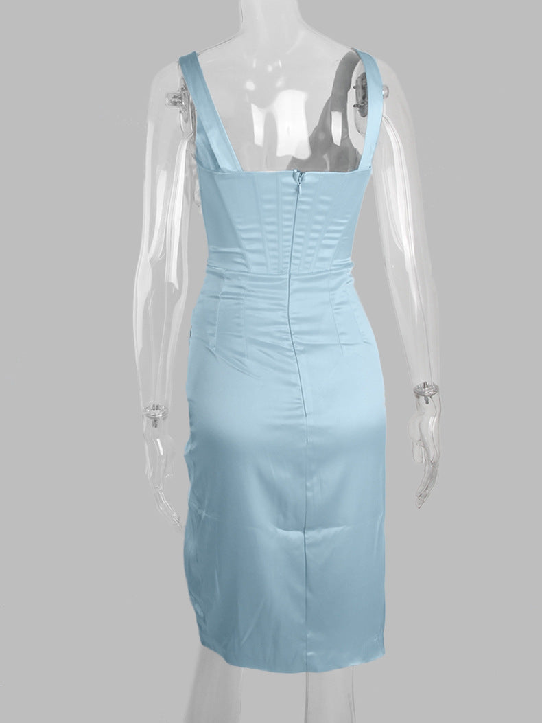 SATIN CORSET MIDI DRESS IN BLUE