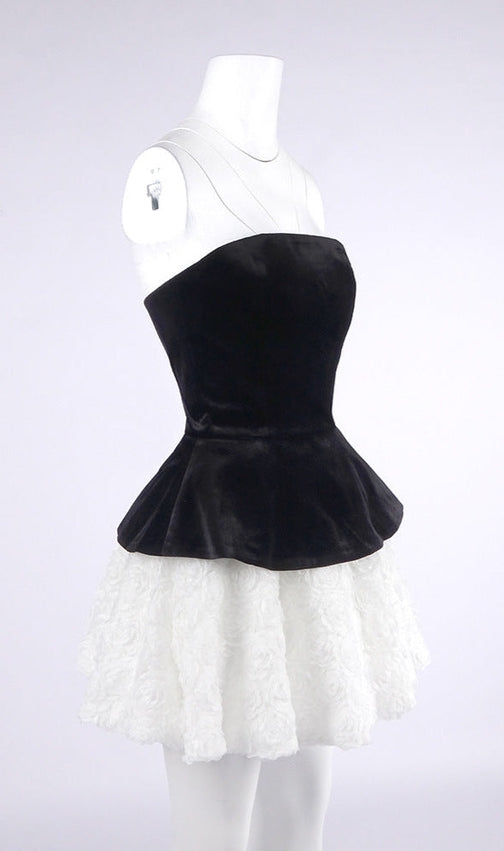 Velvet & 3D Floral Strapless Mini Dress Set - Black & White