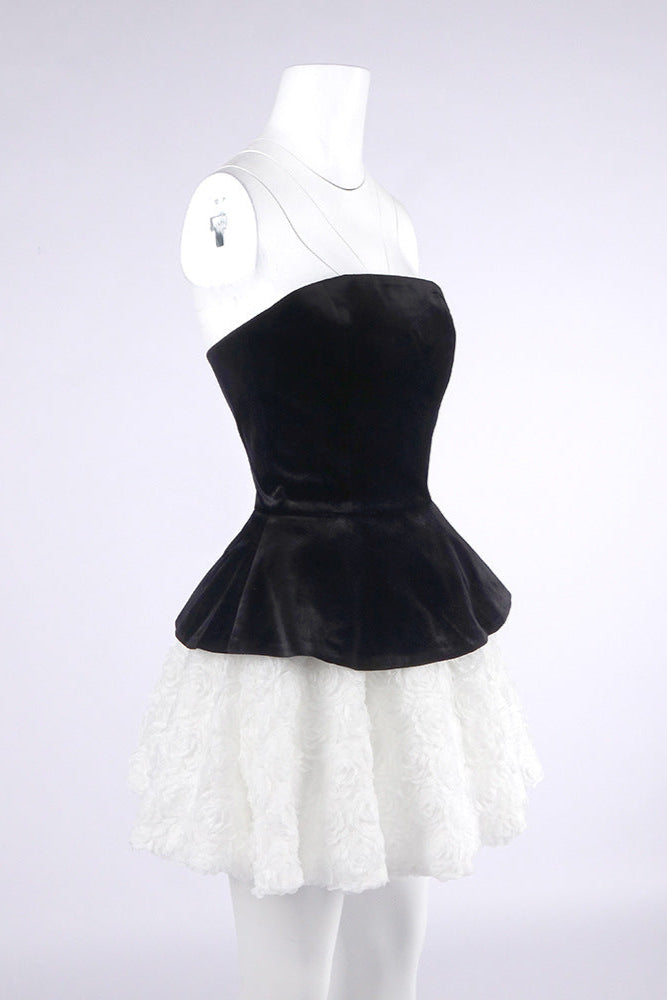 Velvet & 3D Floral Strapless Mini Dress Set - Black & White