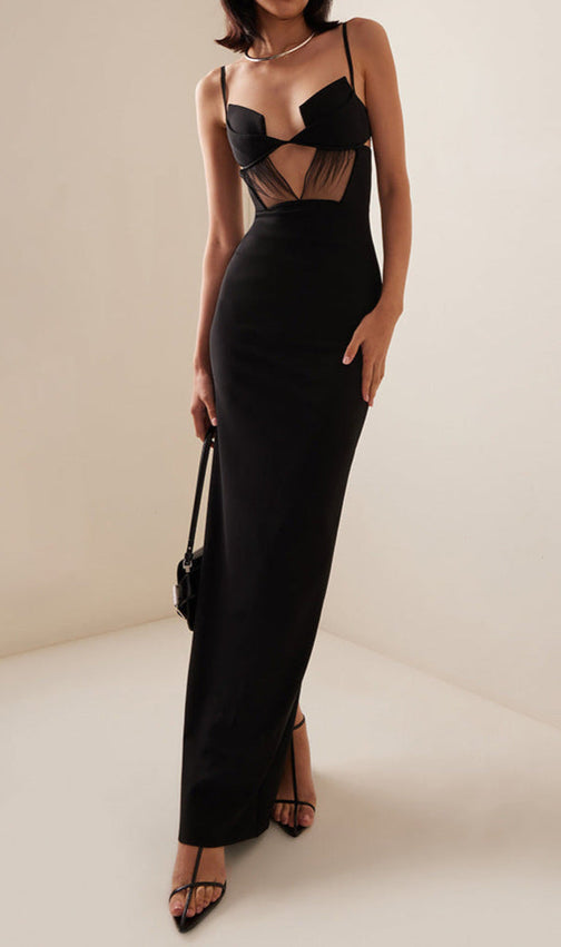 Sultry Black Sheer Mesh Cutout Bandage Maxi Dress | Figure-Flattering Gown
