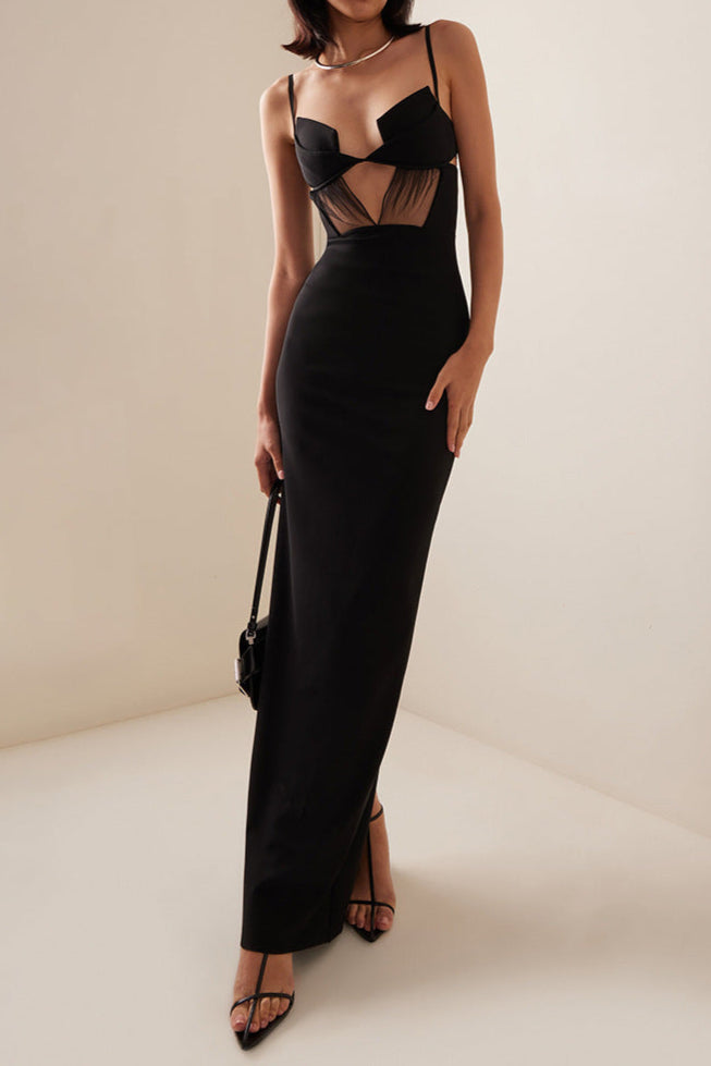 Sultry Black Sheer Mesh Cutout Bandage Maxi Dress | Figure-Flattering Gown