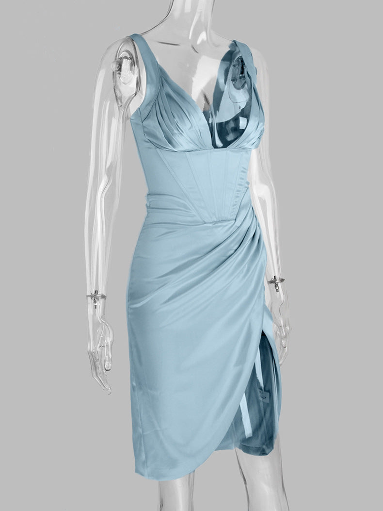 SATIN CORSET MIDI DRESS IN BLUE