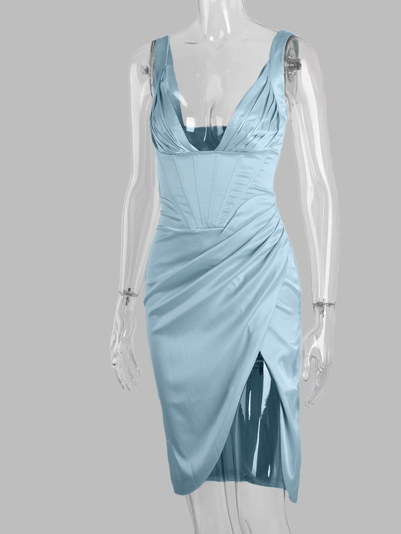 SATIN CORSET MIDI DRESS IN BLUE