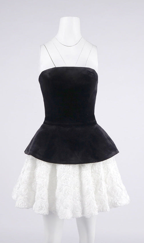 Velvet & 3D Floral Strapless Mini Dress Set - Black & White