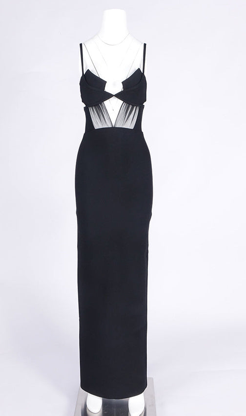 Sultry Black Sheer Mesh Cutout Bandage Maxi Dress | Figure-Flattering Gown