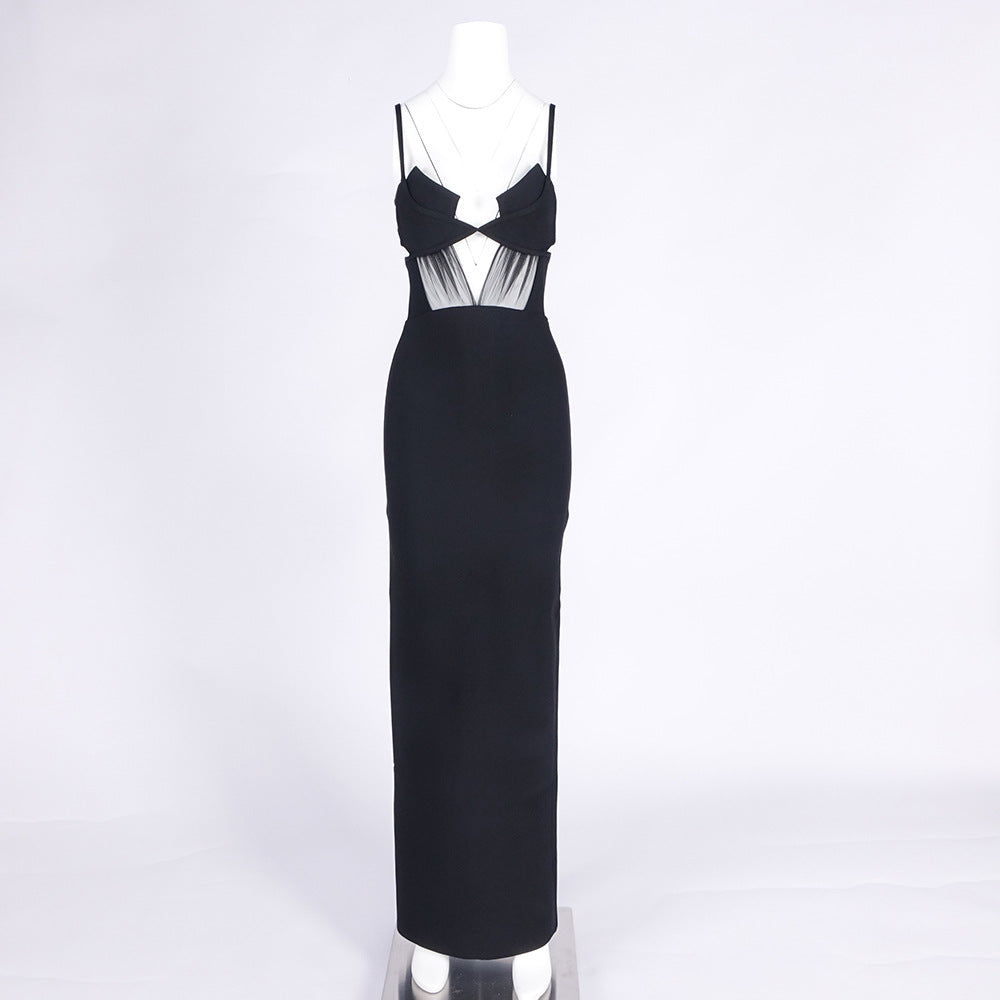 Sultry Black Sheer Mesh Cutout Bandage Maxi Dress | Figure-Flattering Gown