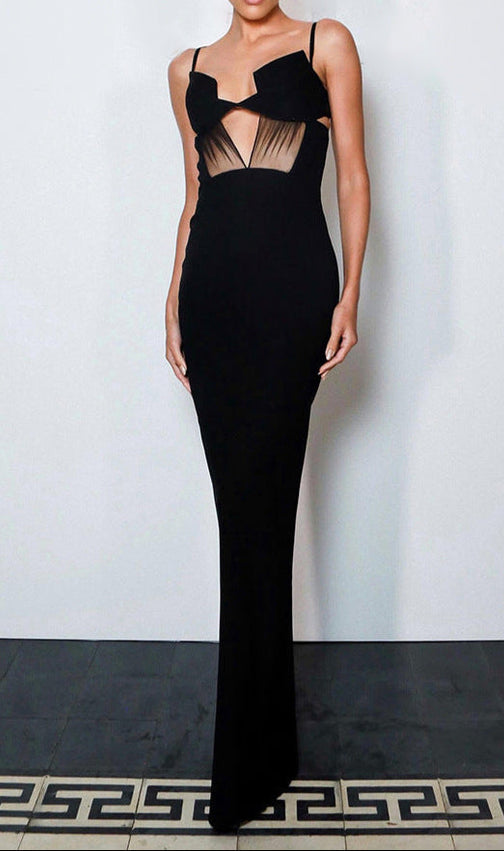 Sultry Black Sheer Mesh Cutout Bandage Maxi Dress | Figure-Flattering Gown