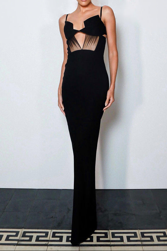 Sultry Black Sheer Mesh Cutout Bandage Maxi Dress | Figure-Flattering Gown