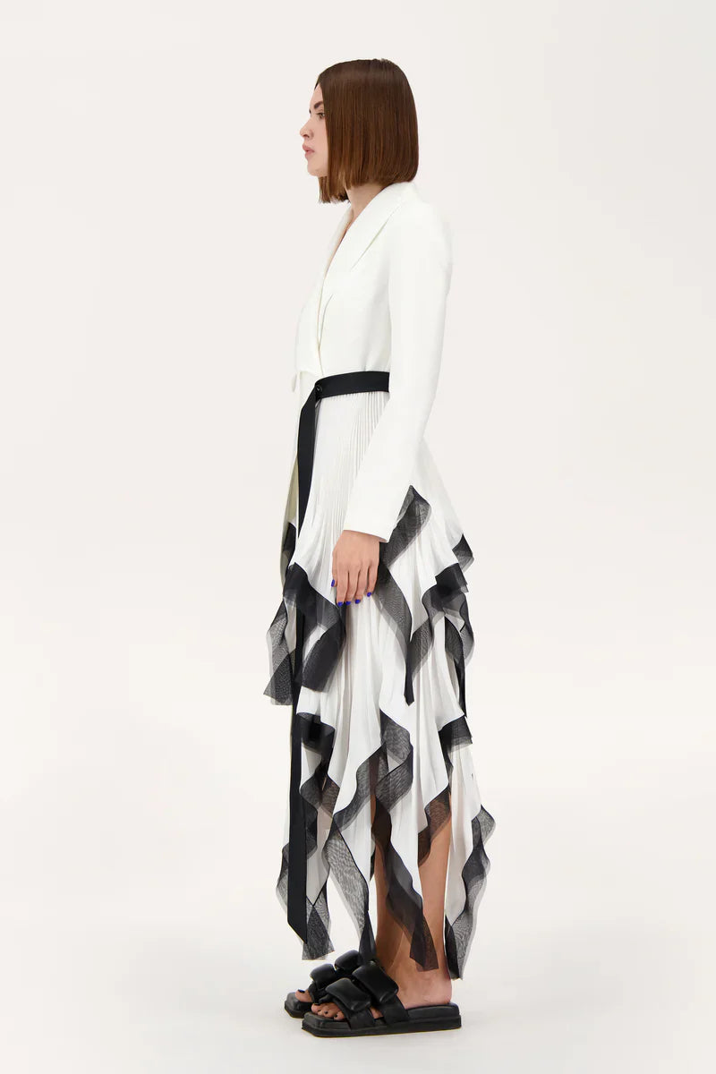 Asymmetric pleated ruffle trim blazer dress in white