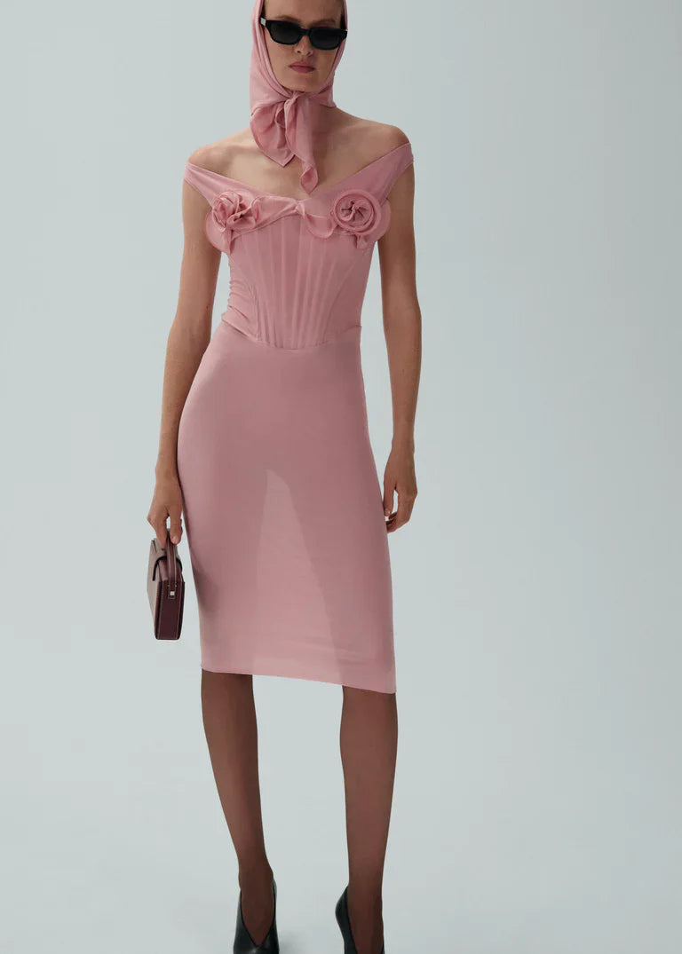 Dinella Floral Appliqué Corset Midi Dress in Pink