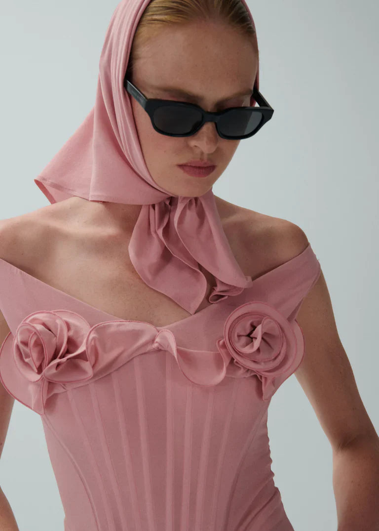 Dinella Floral Appliqué Corset Midi Dress in Pink