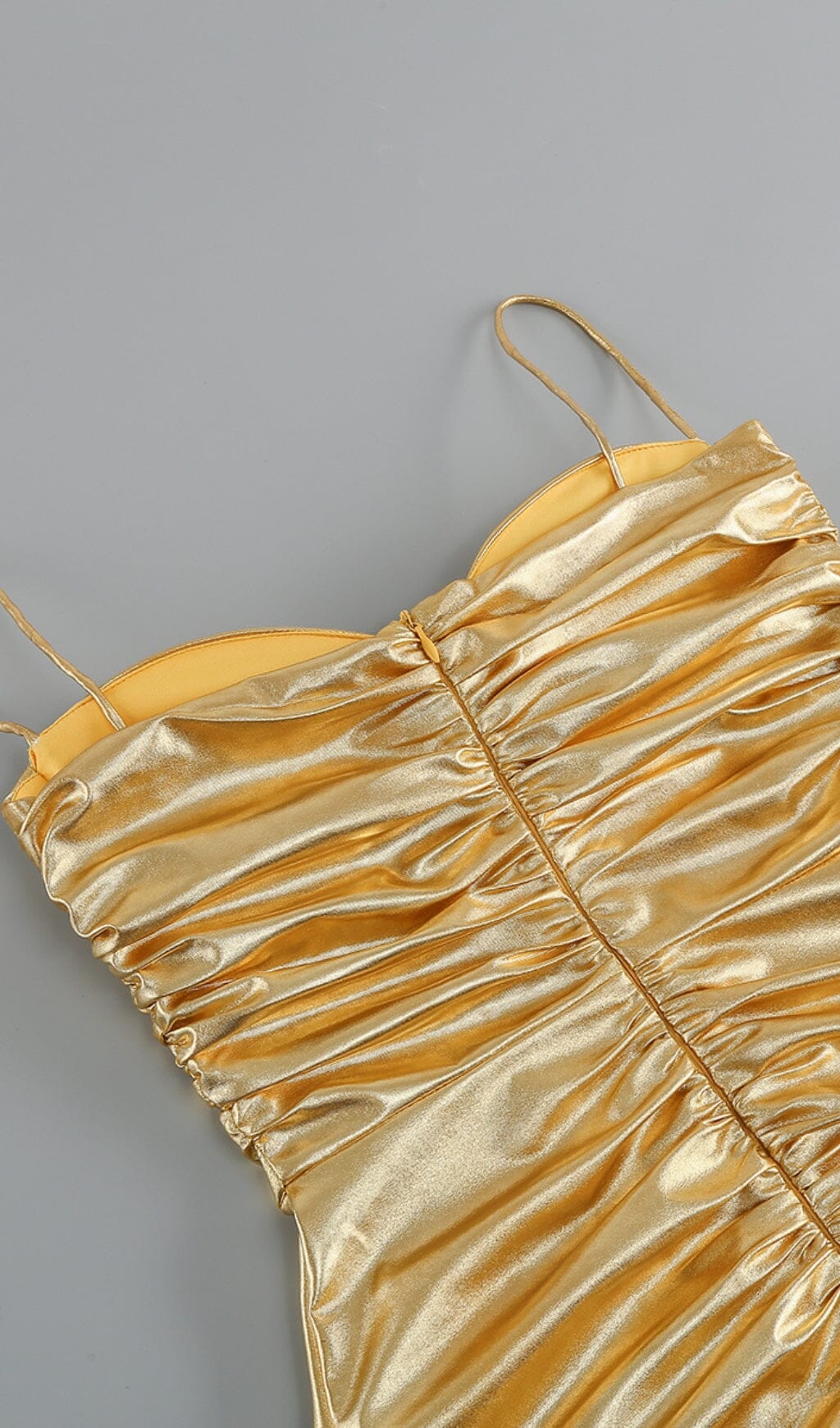 RUCHED METALLIC MINI DRESS IN GOLD