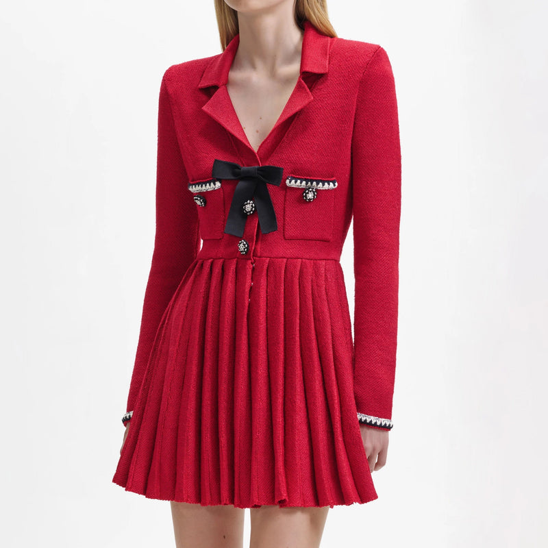 RED KNIT BOW MINI DRESS