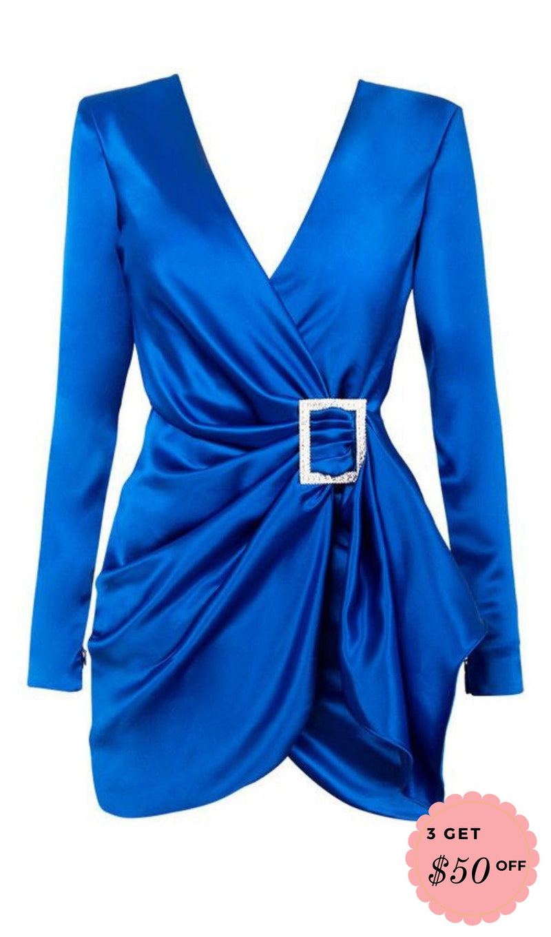 SATIN DRAPED MINI DRESS IN COBALT BLUE