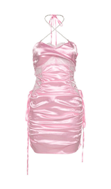 SATIN RUCHED MINI DRESS IN PINK