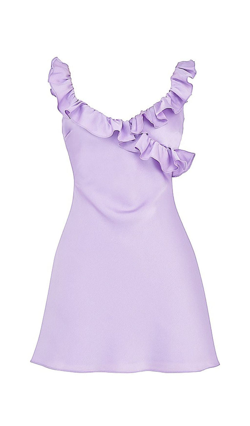 SATIN RUFFLE MINI DRESS IN PURPLE