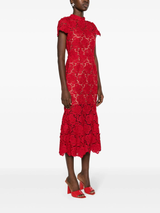 RED FLOWER LACE MIDI DRESS