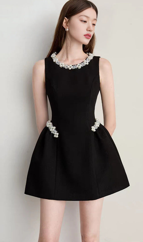 Chic Pearl & Crystal Embellished Black Mini Dress - Sleeveless Party & Cocktail