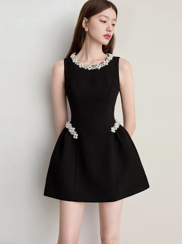 Chic Pearl & Crystal Embellished Black Mini Dress - Sleeveless Party & Cocktail
