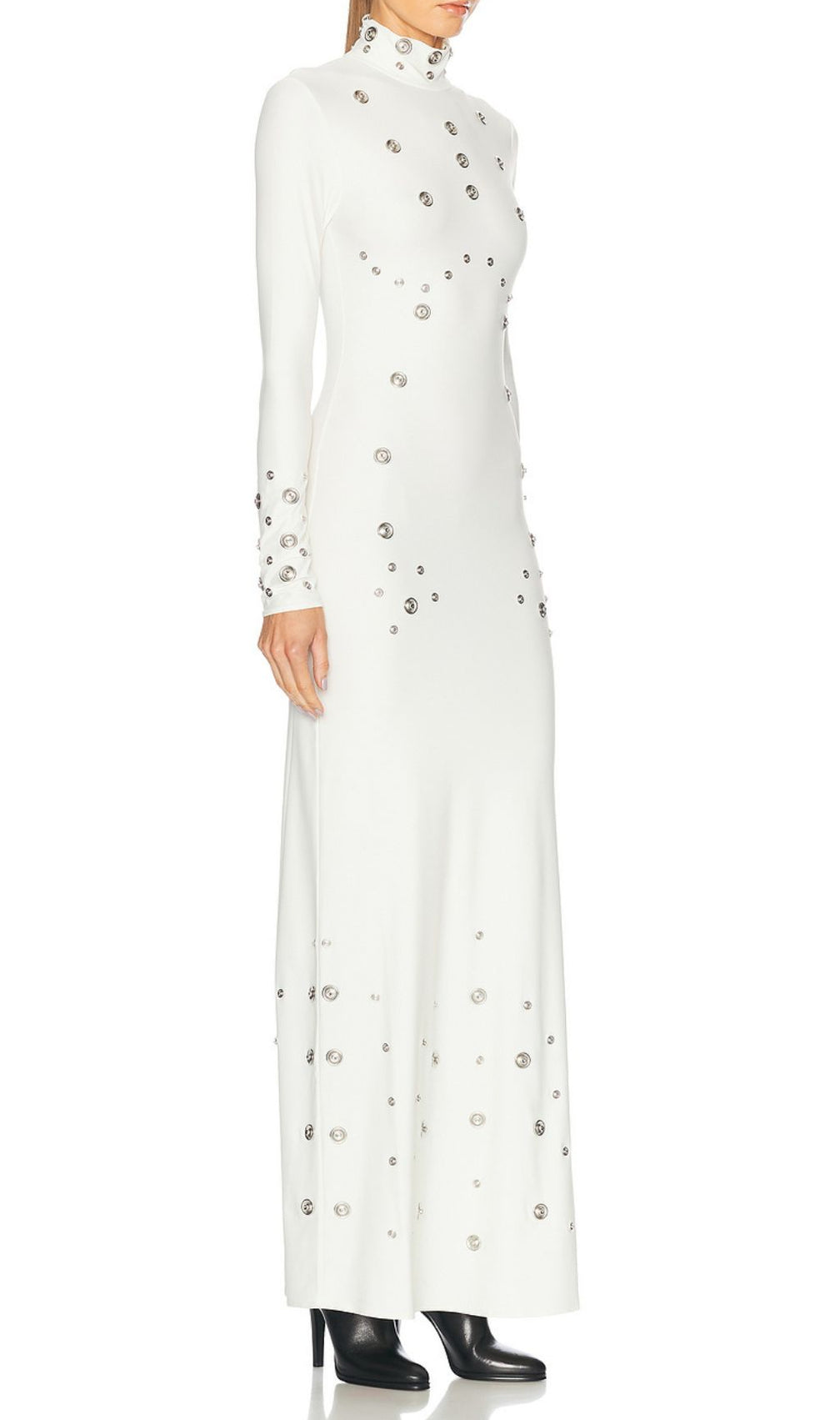 Ishana White Embellished Mock Neck Maxi Gown - Long Sleeve Formal Dress