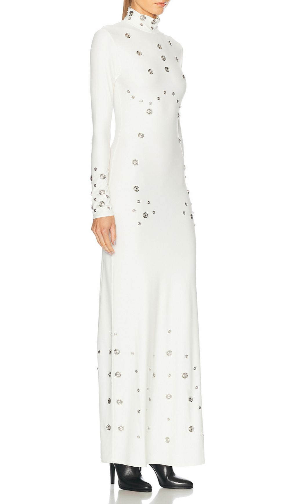 Ishana White Embellished Mock Neck Maxi Gown - Long Sleeve Formal Dress