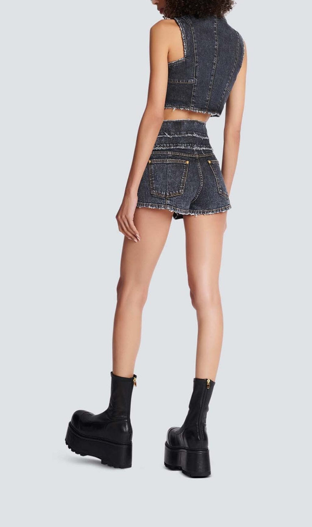 High-Waisted Faded Denim Two Pieces Set