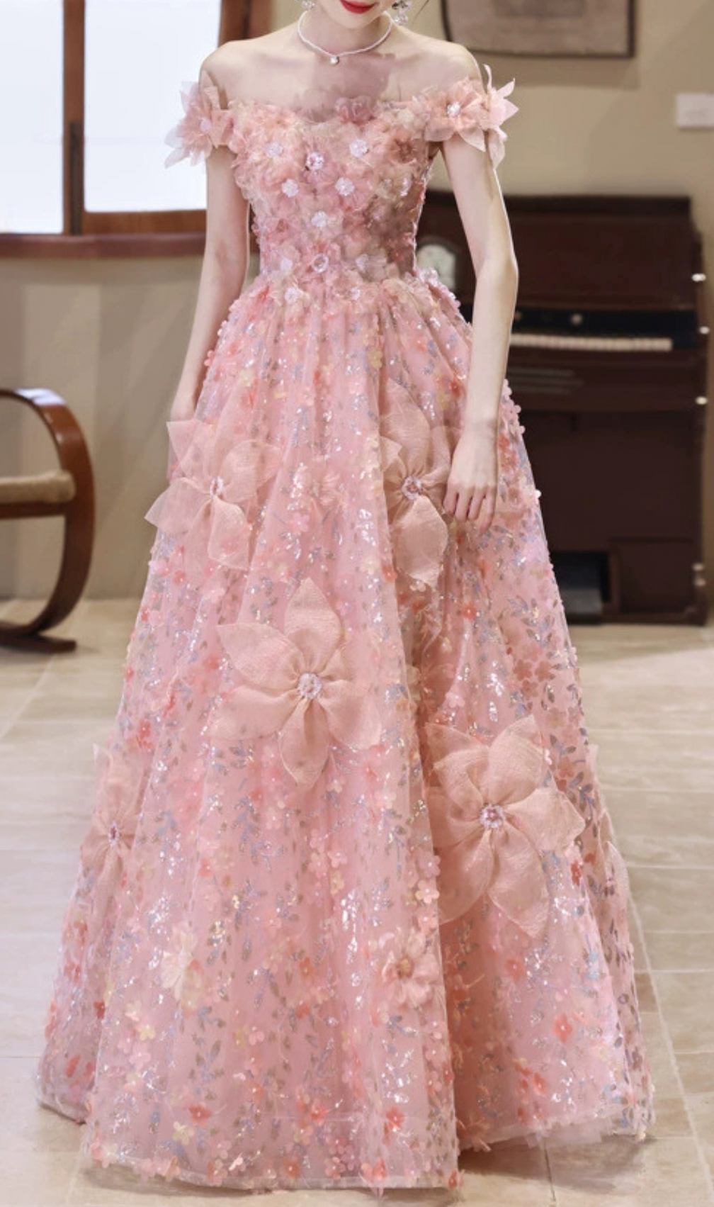 Harmony Pink Flower Sequin Maxi Dress