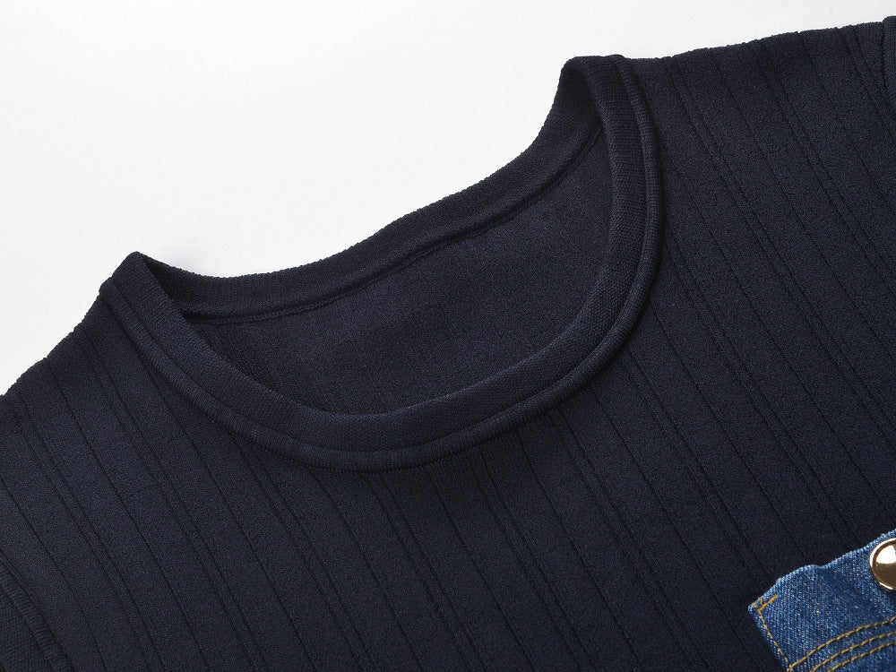 Chic Knit Ribbed Crop Top & Denim Pocket Mini Skirt Set